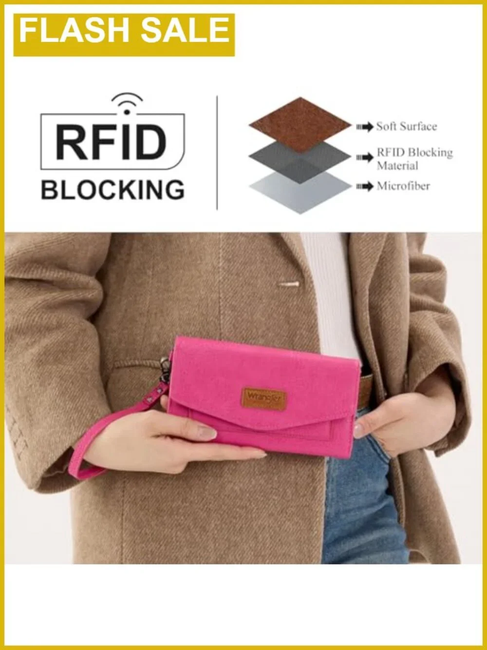 Vegan Leather RFID Tri-Fold Wallet with Wrist Strap, Large Capacity